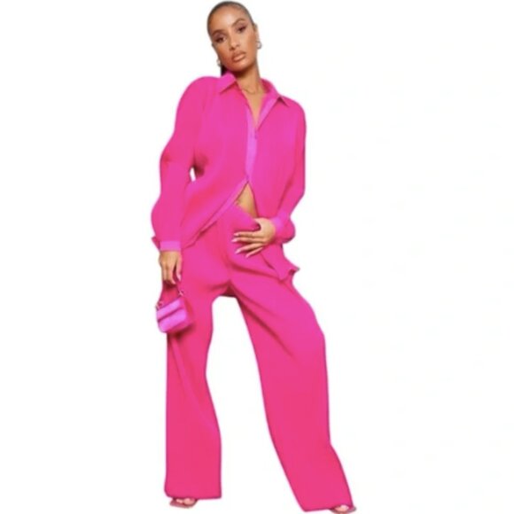 NWT PrettyLittleThing Hot Pink Plissé High-Waisted Wide Leg Trousers Size 8 - Picture 1 of 9